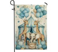 Bandiera da giardino con animali da circo, giraffa blu con elefante e palloncino, decorazione per esterni, striscione su entrambi i lati in iuta per prato, decorazione per feste di compleanno per