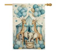 Bandiera da giardino con animali da circo, giraffa blu con elefante palloncino decorazione per esterni, striscione per prato in iuta su entrambi i lati, decorazione per feste di compleanno per bambini