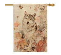 Bandiera da giardino con animali del bosco autunnale, bandiera beige con lupo e farfalla, decorazione per la casa, bandiera su entrambi i lati in iuta per cortile, decorazione stagionale per esterni