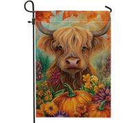 Bandiera da giardino con animali della fattoria autunnale, bandiera arancione con mucca delle Highland Floreale, decorazione per la casa, bandiera in iuta su entrambi i lati, decorazione per prato