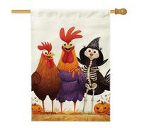 Bandiera da giardino con animali della fattoria di Halloween, polli colorati e scheletro uccello, striscione decorativo per la casa, bandiera in iuta su entrambi i lati, decorazione da giardino per