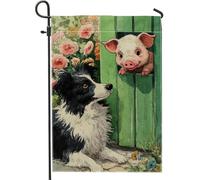 Bandiera da giardino con animali della fattoria primaverile ed estiva, design bianco e nero con maiale per cani, decorazione per esterni, striscione in iuta su entrambi i lati, decorazione per prato