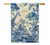 Bandiera da giardino con animali della giungla di benvenuto, giraffa blu, elefante per esterni, decorazione per esterni, striscione per prato in iuta su entrambi i lati, decorazione per feste estive e