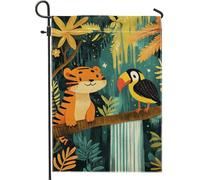 Bandiera da giardino con animali tropicali, tigre verde e tucano, bandiera decorativa su entrambi i lati, in iuta, decorazione per esterni per prato per gli amanti dell'estate e della natura, 30,5 x