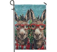 Bandiera da giardino con asino per le vacanze invernali, con graziosi asini marroni con occhiali rossi, bandiera decorativa per la casa, bandiera da cortile in iuta su entrambi i lati, per Natale