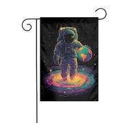 Bandiera da giardino con astronauta che tiene il pianeta terra 30 x 45 cm verticale su entrambi i lati casa colonica vacanze decorazioni esterne bandiera cortile