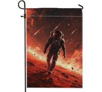 Bandiera da giardino con astronauta spaziale, bandiera rossa con galassia cosmica per esterni, bandiera decorativa per esterni, in tessuto su entrambi i lati, per la decorazione del prato, 30,5 x 45,7