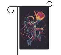 Bandiera da giardino con astronauta spaziale che salta pallacanestro per vacanze stagionali in iuta su entrambi i lati, 30,5 x 45,7 cm