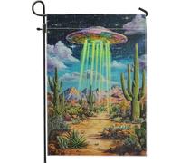 Bandiera da giardino con astronave aliena, colorato UFO Cactus, striscione decorativo per la casa, in tela da imballaggio su entrambi i lati, decorazione per Halloween, per esterni, 30,5 x 45,7 cm