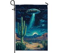 Bandiera da giardino con astronave aliena, vivace UFO e cactus, decorazione per esterni per l'estate, striscione da cortile a doppia faccia per la decorazione della casa, simpatico cartello per prato