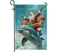 Bandiera da giardino con Babbo Natale e delfino, bandiera colorata per cortile, decorazione esterna su entrambi i lati per feste invernali, decorazione natalizia per patio e prato, 30 x 45 cm