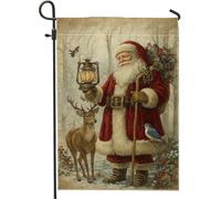 Bandiera da giardino con Babbo Natale, lanterna natalizia vintage con cervo rosso su entrambi i lati, bandiere decorative per esterni, patio, prato, portico anteriore, balcone, 30,5 x 45,7 cm