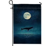 Bandiera da giardino con balena al chiaro di luna, bandiera blu scuro con scena oceanica decorativa per la casa, bandiera da cortile in tessuto su entrambi i lati, per decorazione esterna del prato