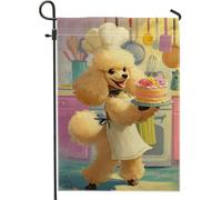 Bandiera da giardino con barboncino, fantasioso cappello da chef giocoso torta primavera gialla juta doppia faccia bandiere decorative per esterni, portico, prato, patio, terrazza, 30,5 x 45,7 cm