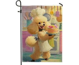 Bandiera da giardino con barboncino, fantasioso cappello da chef giocoso torta primavera gialla juta doppia faccia bandiere decorative per esterni, portico, prato, patio, terrazza, 30,5 x 45,7 cm