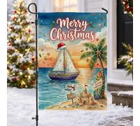 Bandiera da giardino con barca a vela a tema natalizio tropicale, 30 x 45 | Scena tropicale della spiaggia, bandiera del prato, tema nautico, palma decorata, castello di sabbia, gabbiano costiero