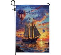 Bandiera da giardino con barca a vela con tramonto estivo, bandiera rossa e blu con mongolfiere per esterni, bandiera decorativa a doppia faccia in poliestere per prato, decorazione per feste di festa