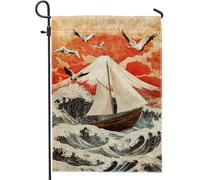 Bandiera da giardino con barca a vela e onde dell'oceano rosso, decorazione per la casa e il giardino, bandiera da giardino in iuta su entrambi i lati, decorazione per prato da esterni, 30,5 x 45,7 cm