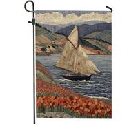 Bandiera da giardino con barca a vela primaverile ed estate, striscione decorativo per esterni con toni caldi della terra, bandiera su entrambi i lati, scena della natura, bandiera da cortile per la
