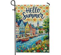 Bandiera da giardino con barche e case panoramiche estive sul fiume blu su entrambi i lati, piccola bandiera da giardino per esterni, patio, prato, portico anteriore, balcone, 30,5 x 45,7 cm