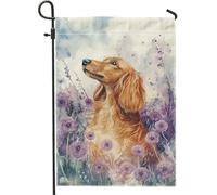 Bandiera da giardino con bassotto a pelo lungo dorato, bandiera floreale viola per la casa, decorazione stagionale per esterni, opera d'arte su entrambi i lati per gli amanti dei cani, 30,5 x 45,7 cm