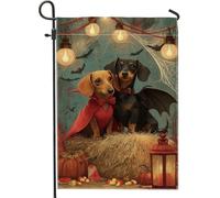 Bandiera da giardino con bassotto di Halloween, cane marrone con mantello e pipistrello, striscione decorativo per la casa, bandiera da cortile in iuta su entrambi i lati, per decorazione esterna del