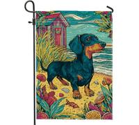 Bandiera da giardino con bassotto estivo da spiaggia, cane nero in riva al mare, decorazione per la casa sulla spiaggia, bandiera a doppia faccia vibrante da cortile decorazione per prato esterno 30,5