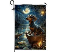 Bandiera da giardino con bassotto notturno, cane blu scuro con lanterna, striscione decorativo per la casa, bandiera da cortile in iuta su entrambi i lati, decorazione stagionale per esterni, 30,5 x