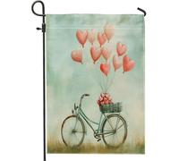 Bandiera da giardino con bici, romantici palloncini a forma di cuore fantasioso, primaverile, pesca su entrambi i lati, bandiere decorative per cortile, patio, prato, portico, ingresso campeggio, 30,5