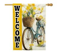 Bandiera da giardino con bicicletta di benvenuto primaverile ed estate, con narcisi gialli floreali per la decorazione della casa all'aperto, bandiera in iuta su entrambi i lati, decorazione per feste