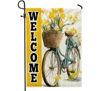 Bandiera da giardino con bicicletta di benvenuto primaverile ed estate, con narcisi gialli floreali per la decorazione della casa all'aperto, bandiera su entrambi i lati in iuta per cortile