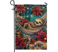 Bandiera da giardino con bradipo, amaca natalizia a forma di stella di Natale, in iuta rossa su entrambi i lati, piccola bandiera da giardino per esterni, patio, prato, portico, ingresso, campeggio