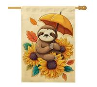 Bandiera da giardino con bradipo autunnale, grazioso bradipo marrone con ombrello giallo, decorazione per esterni, bandiera in iuta su entrambi i lati, decorazione stagionale per prato, 71 x 101 cm