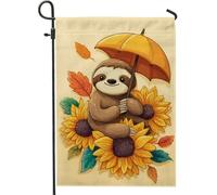 Bandiera da giardino con bradipo autunnale, grazioso bradipo marrone con ombrello giallo, decorazione per esterni, bandiera in iuta su entrambi i lati, decorazione stagionale per prato, 30,5 x 45,7 cm