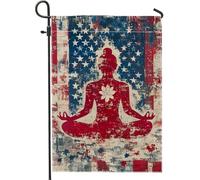 Bandiera da giardino con Buddha patriottico, rosso e blu, decorazione per yoga, bandiera double face, stile vintage, decorazione per prato all'aperto, tema meditazione, decorazione per le vacanze