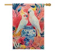 Bandiera da giardino con cacatua tropicali di pesca, striscione decorativo colorato in corallo, bandiera da cortile in iuta su entrambi i lati, per decorazione estiva all'aperto del prato, 71 x 101 cm