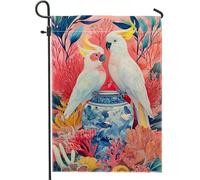 Bandiera da giardino con cacatua tropicali di pesca, striscione decorativo con corallo colorato, bandiera su entrambi i lati per cortile in iuta per decorazione estiva all'aperto 30,5 x 45,7 cm