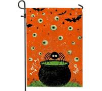 Bandiera da giardino con calderone di ragno di Halloween, striscione decorativo raccapricciante arancione, bandiera da cortile in iuta su entrambi i lati, per decorazione esterna del prato, 30,5 x