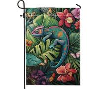 Bandiera da giardino con camaleonti tropicali vivaci, striscione decorativo colorato con lucertola e fiori per esterni, bandiera da cortile in iuta su entrambi i lati, per feste estive, decorazione