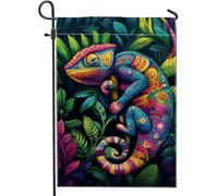 Bandiera da giardino con camaleonti vivaci, decorazione per esterni colorata per rettili per decorazione estiva del prato, striscione artistico vivace su entrambi i lati per gli amanti delle piante