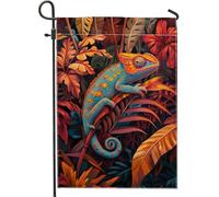Bandiera da giardino con camaleonti vivaci, decorazione per esterni con foglie tropicali colorate di rettili, impermeabile su entrambi i lati, decorazione stagionale per casa e giardino, 30,5 x 45,7