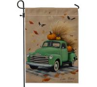 Bandiera da giardino con camion verde raccolto autunnale, striscione decorativo con zucca autunnale, bandiera da cortile in iuta su entrambi i lati per decorazione esterna del prato 30,5 x 45,7 cm