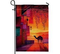 Bandiera da giardino con cammello al tramonto nel deserto, striscione decorativo per la casa con paesaggio arancione e rosso, bandiera da giardino in iuta su entrambi i lati, decorazione per esterni