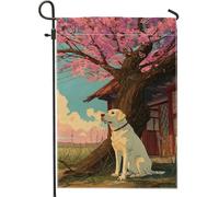Bandiera da giardino con cane bianco primaverile ed estate, grazioso labrador sotto l'albero di ciliegie in fiore, striscione decorativo da cortile, in iuta su entrambi i lati, decorazione per esterni