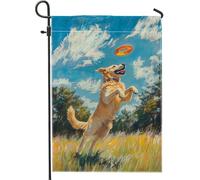 Bandiera da giardino con cane che gioca con Golden Retriever, decorazione estiva per esterni, striscione colorato su entrambi i lati, decorazione per la casa amante degli animali, decorazione vivace