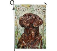 Bandiera da giardino con cane da laboratorio marrone con denti di leone, decorazione artistica per la casa primaverile ed estiva, banner double face per decorazione del prato, 12 x 18