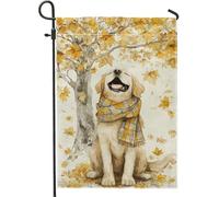 Bandiera da giardino con cane giallo autunnale, labrador felice con sciarpa, striscione decorativo per la casa, decorazione per prato in iuta su entrambi i lati, per feste autunnali all'aperto, 30,5 x