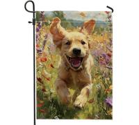 Bandiera da giardino con cane gioioso primaverile ed estate, Golden Retriever che corre floreale decorazione per esterni, striscione in iuta su entrambi i lati per la decorazione della casa, prato