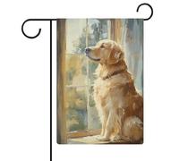 Bandiera da giardino con cane Golden Retriever seduto vicino alla finestra, in iuta su entrambi i lati, 30,5 x 45,7 cm