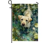 Bandiera da giardino con cane labrador estivo e natura, fiore giallo d'acqua libellula, striscione da cortile, double face, decorazione per la casa per esterni, decorazione per feste stagionali, 30,5